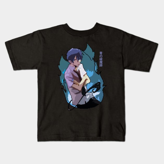 Blue Exorcist Rin Okumura PixelArt Kids T-Shirt by BleizerShtorn